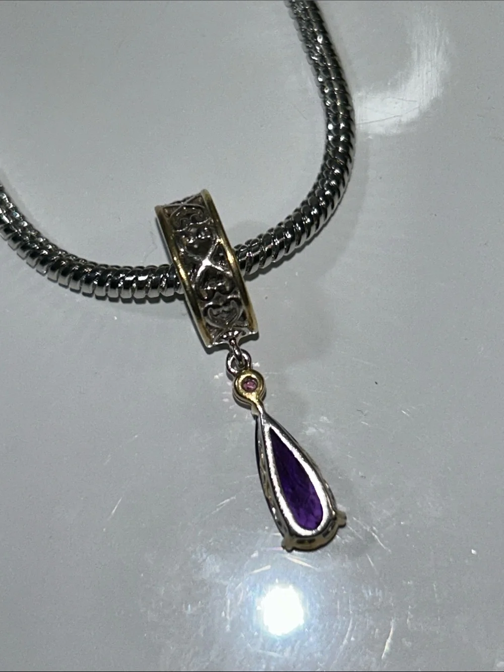 NWOT Gems En Vogue Palladium 18k Accent Genuine Amethyst & Rhodonite Euro Charm